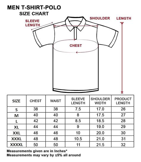 polo shirt size chart