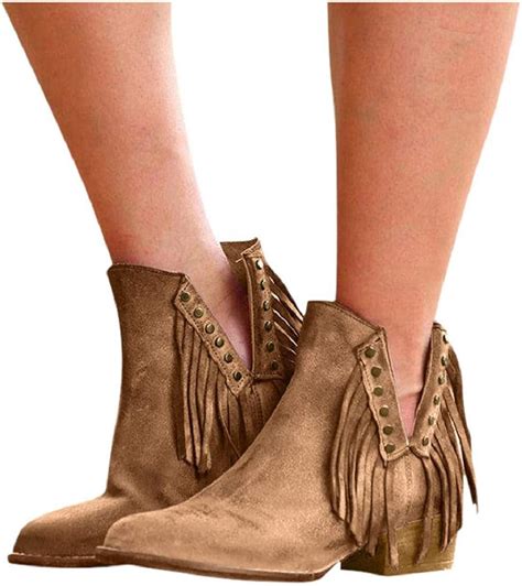 amazoncom womens  cut ankle booties fringe closed toe short boots retro  heel outdoor