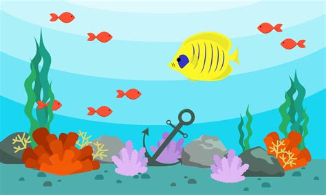 cartoon underwater sea landscape  fishes  seaweed vector