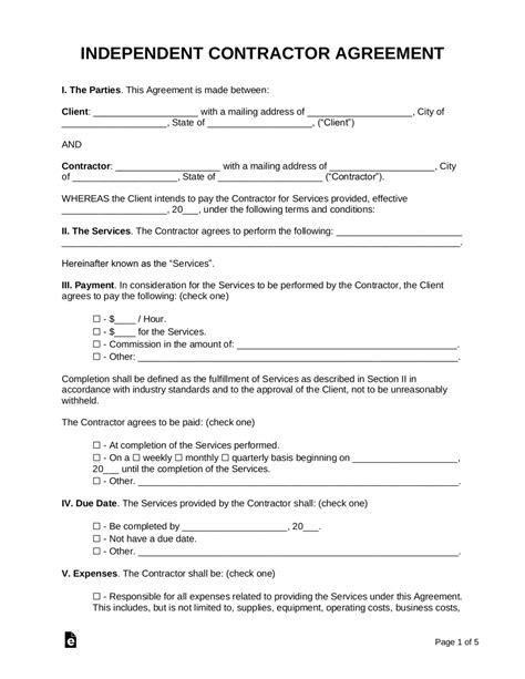 printable  independent contractor agreement template word