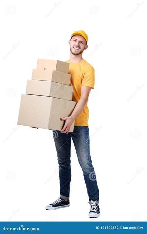delivery man  cardboard boxes stock photo image  adult post