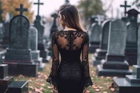 Premium Ai Image Back Of Woman Wear All In Black On Cemetery Grieving