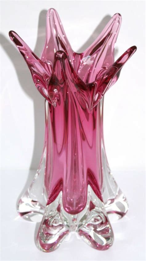 Archimede Seguso Murano Glass Vase Pink Ribbed Sommerso 12 Inch Tall
