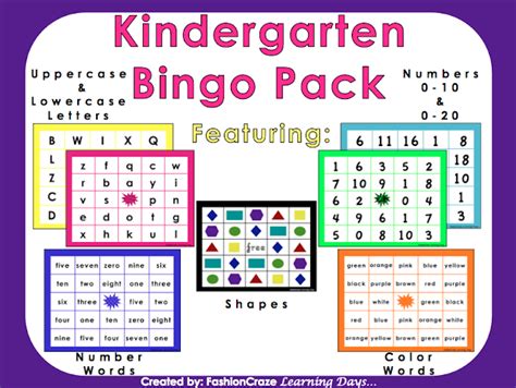 kindergarten bingo pack fashion craze learning days