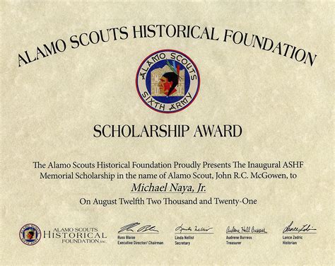 recipient ashf memorial scholarship alamo scouts historical