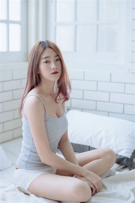 wallpaper asian model brunette grey tops in bed