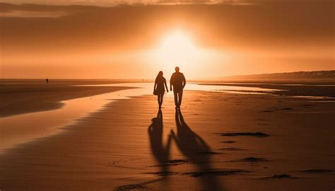 silhouette  couple walking  beach  sunset generated  ai