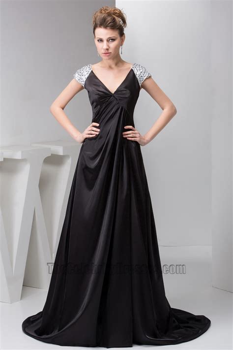 Long Black Cap Sleeves Formal Gown Evening Prom Dresses