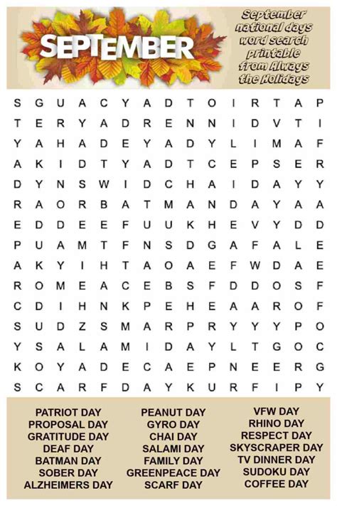 september word search printable national days word find puzzle