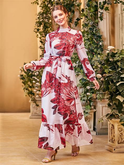 floral print ruffle hem belted dress maxi dress chic dress style