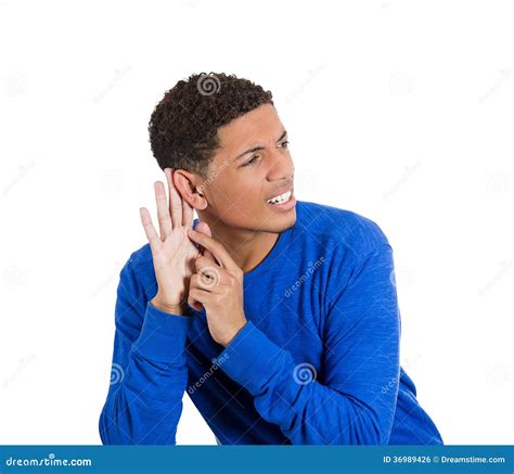 young man   secretly listen   conversation stock photo image  disgust ethnic