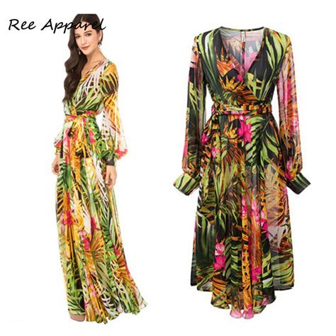 Bohemian Long Sleeve Floral Print Chiffon Maxi Dress Women Summer Dress
