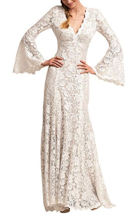 long bell sleeve  neck vintage lace wedding dress bridal gown ivory  backless lace