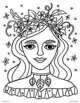 Coloring Spring Pages Printable Flower Goddess Adults Woman Nature Girl Crown Kids sketch template
