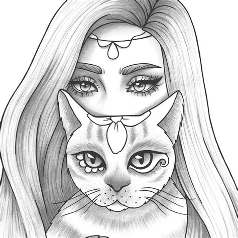 printable coloring page girl portrait  cat colouring sheet etsy israel