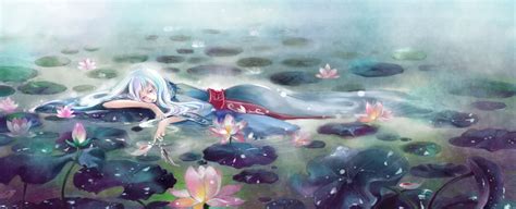 Original Anime Girl Lotus Flower Water Beautiful Wallpaper