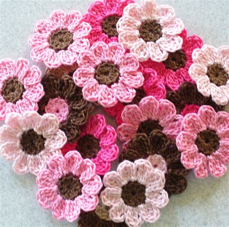 handmade crochet flowers appliques embellishments pink brown set