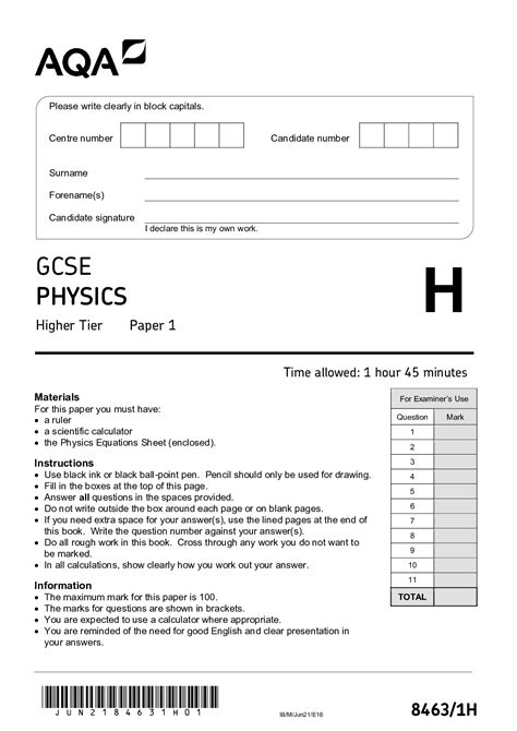 aqa gcse physics higher tier  paper  question paper gcse