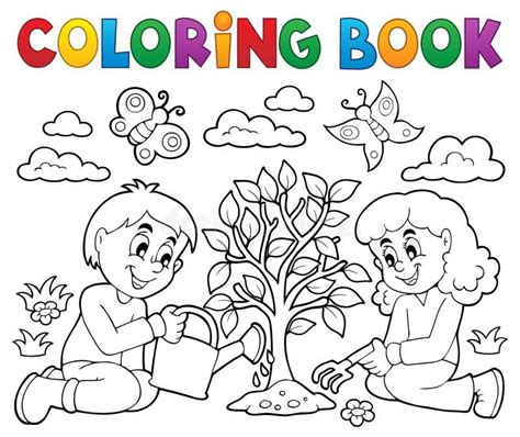 coloring book kids planting tree stock illustration coloring books