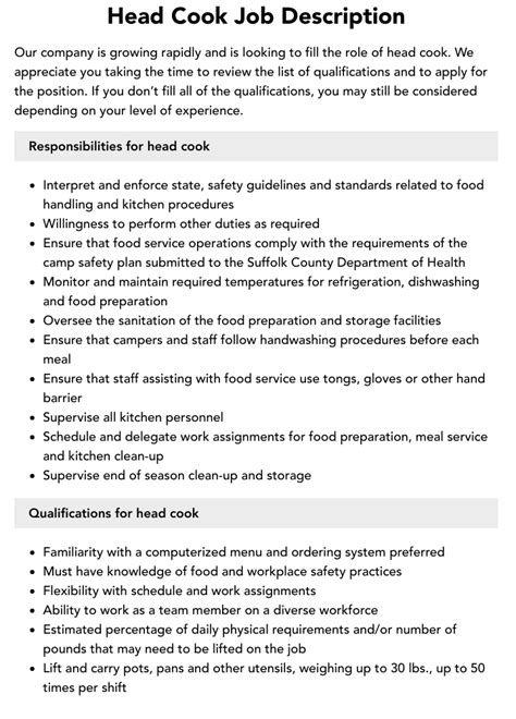 head cook job description velvet jobs