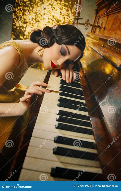 Closeup Retro Portrait Woman Musician Plays Piano Melody Touches Keys
