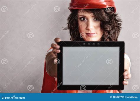 Girl In Safety Helmet Showing Tablet Stock Image Image Of Safety
