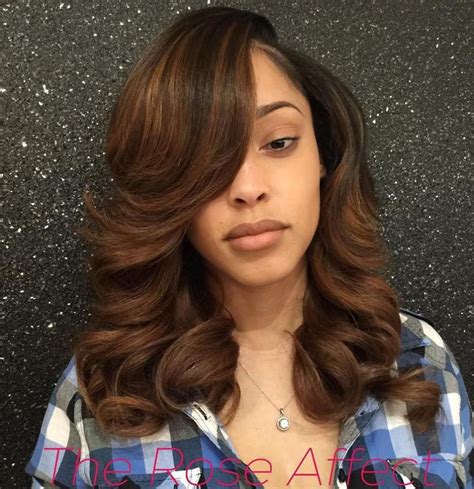Brown Weave Hairstyle With Bangs And Highlights Sew In Hairstyles