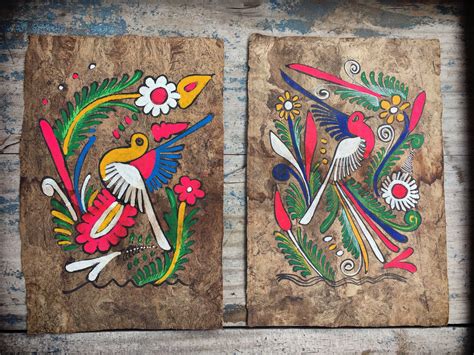 pair  vintage mexican amate bark paintings  colorful birds mexican