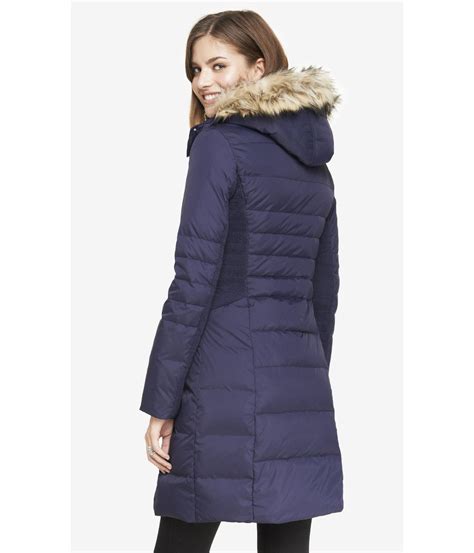 lyst express hooded faux fur trim fitted puffer coat  blue