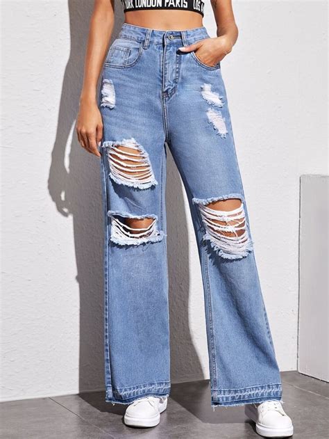 ripped high rise wide leg jeans shein usa wide leg jeans outfit