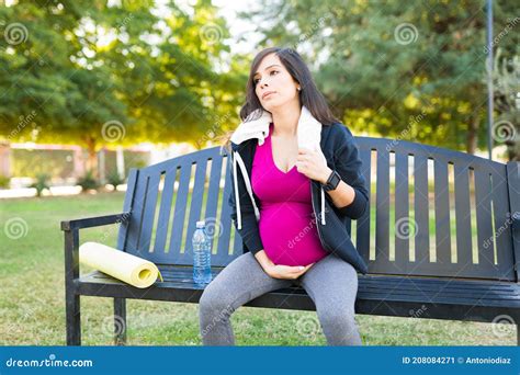 Attractive Pregnant Woman Resting On A Bench Stock Image Image Of