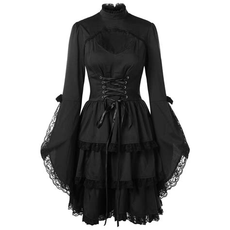 2019 gothic vintage dress black women autumn o neck casual dress flare