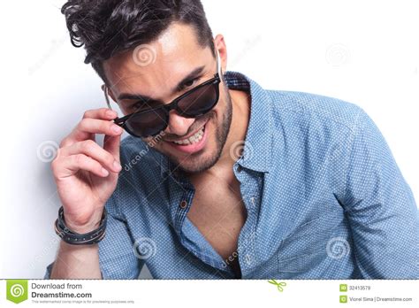 Casual Man Takes Off Sunglasses Stock Image Image Of Latin Cute
