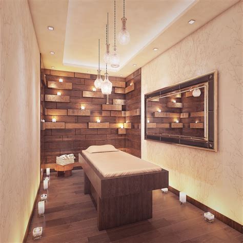A Spa Room With Wooden Walls And Lights On The Ceiling Along With A
