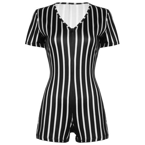 Women Sexy Short Playsuit Deep V Neck Short Sleeves Striped Bodycon