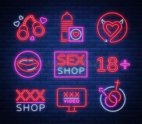sex shop set of logos signs symbols in neon style collection of