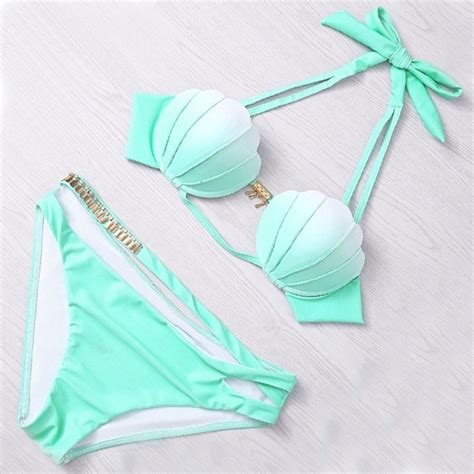 2018 new shell bra blue bikinis set good looking swimwear women bathing