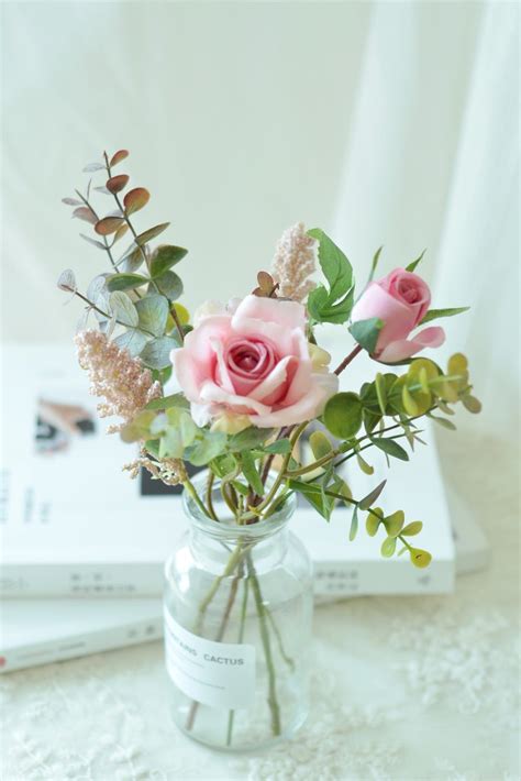Silk Flower Arrangement In Small Glass Vase Pink Rose