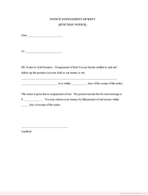 notice nonpayment  rent form printable real estate forms