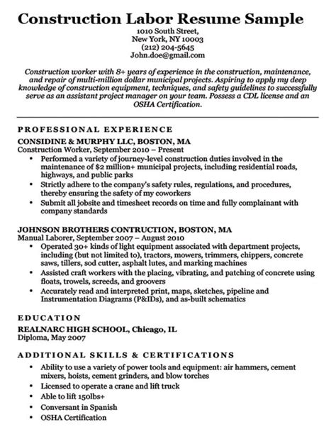 resume template  construction worker