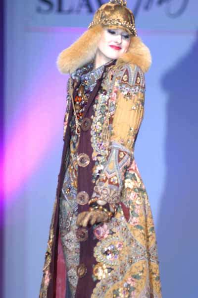 a model displays a creation by russian designer slava zaitsev during a