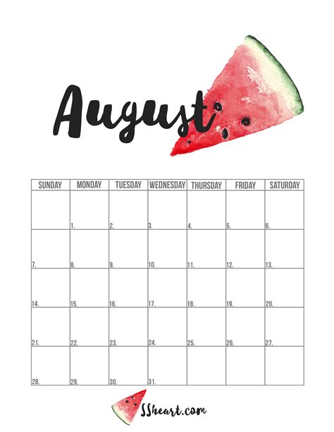 printable august calendar ssheart