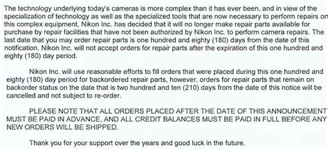 nikon usa  stop selling camera parts  independent repair shops nikon rumors