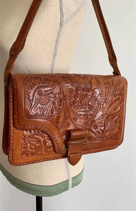 tooled leather purse handbag vintage   dark brown hand tooled