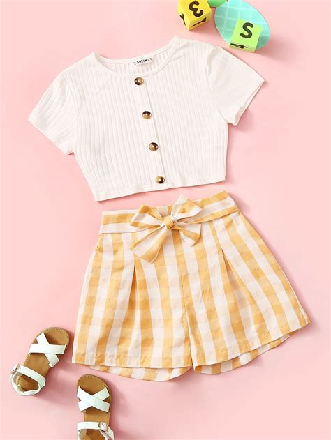 girls button up ribbed tee and belted gingham shorts set shein uk