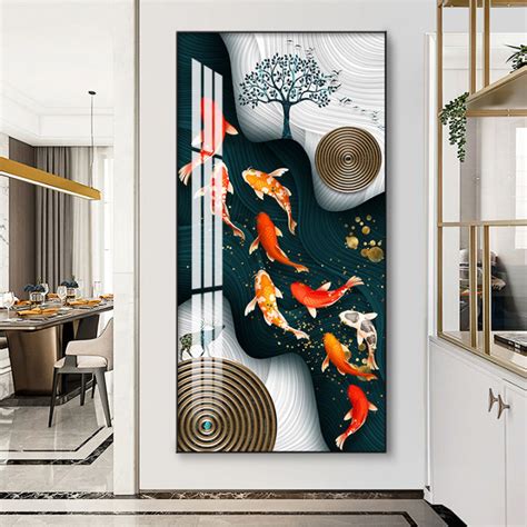 sembilan ikan koi poster kanvas gambar hd cetak ruang tamu pintu masuk