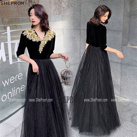 formal long black  gold embroidery formal dress   sleeves   dresses trendy