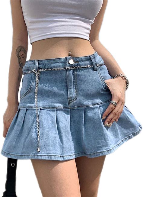 amazoncom women fashion denim mini skirt  pocket high waist pleated ruffle school uniform