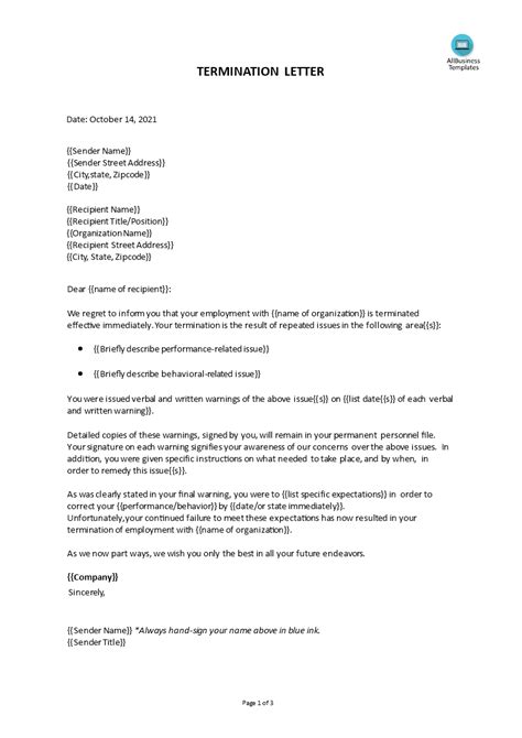 kostenloses employment termination letter template