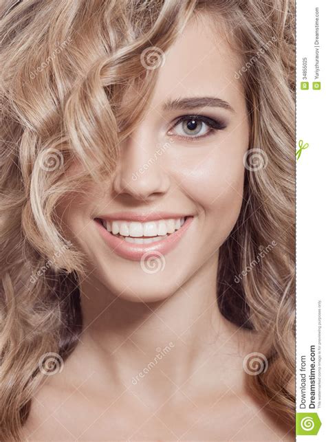 Beautiful Smiling Woman Healthy Long Curly Hair Royalty